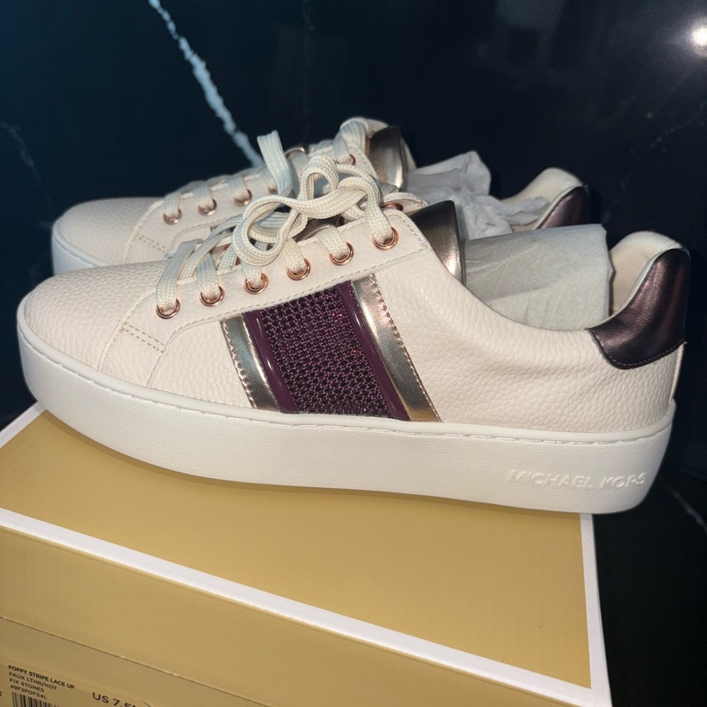 Michael Kors Cream and Purple Bling Accent Sneakers NIB